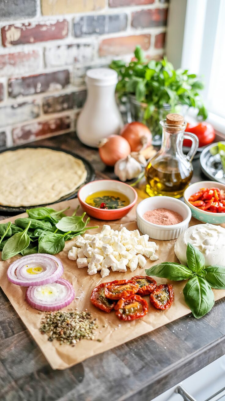 This spinach and feta pizza is a vegetarian option that combines the flavors of spinach, feta cheese, and onions with dried tomatoes.