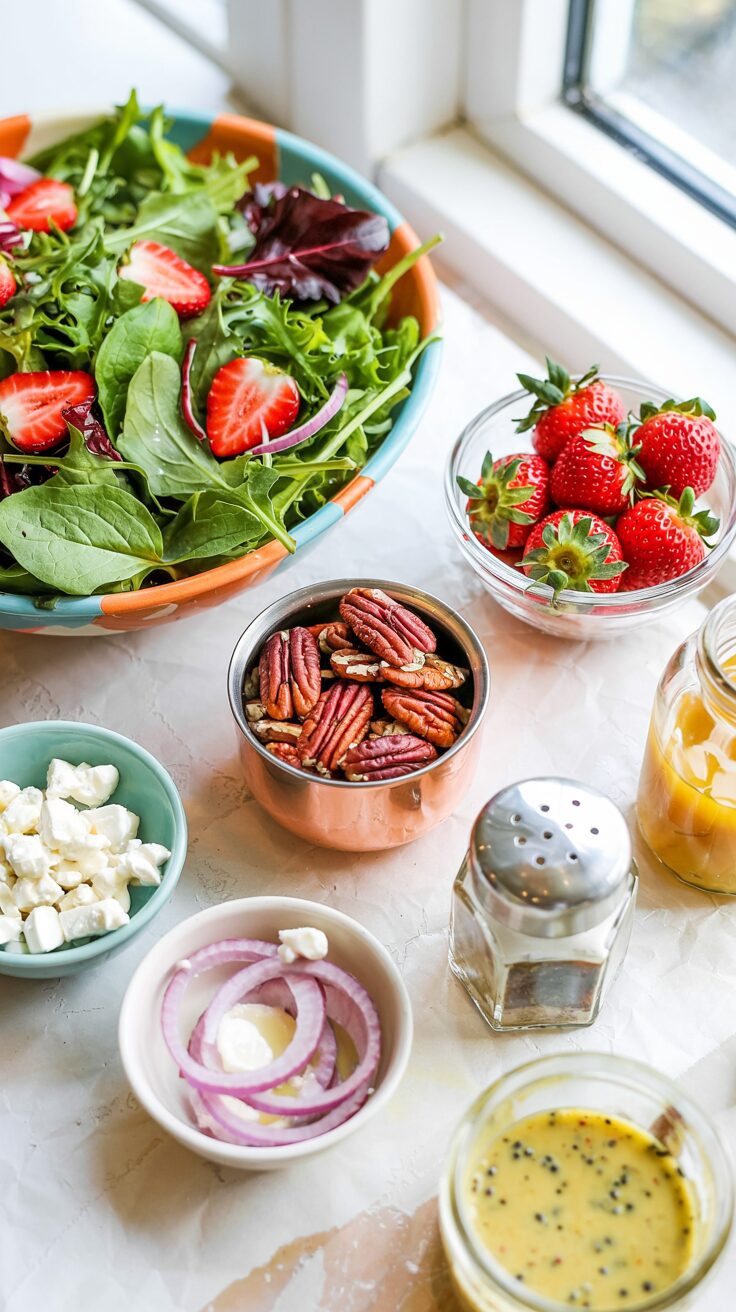 This Strawberry Pecan Salad is a creative combination of sweet strawberries and crunchy pecans, making it a perfect addition to any meal.