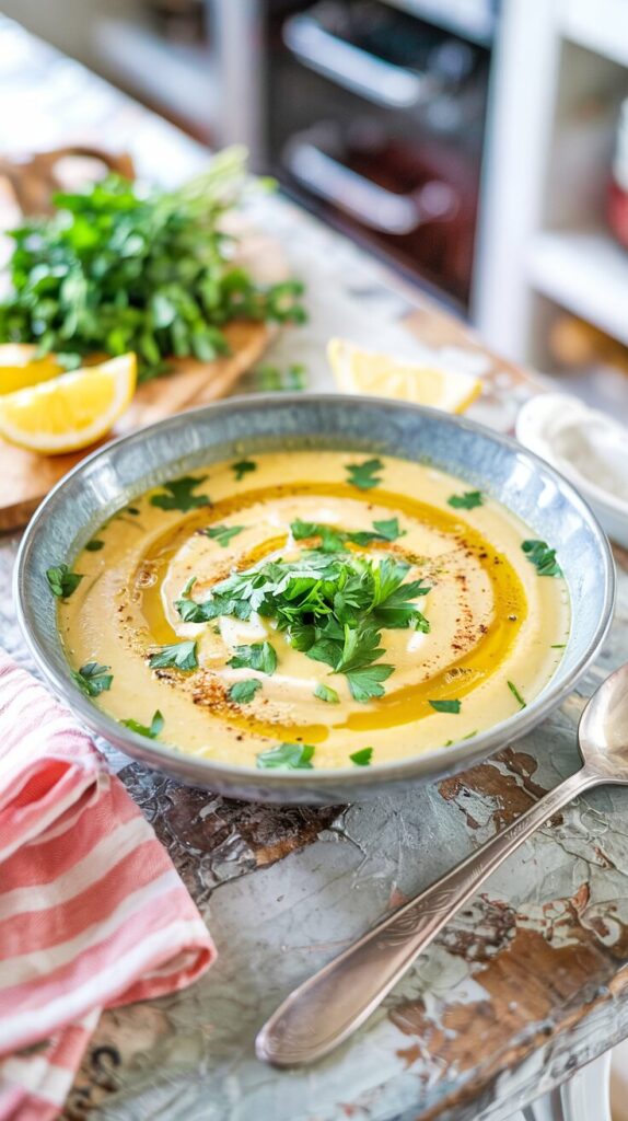 Avgolemono Soup is a traditional Greek soup. The delicious and beloved dish known for its creamy texture and tangy lemon flavor.