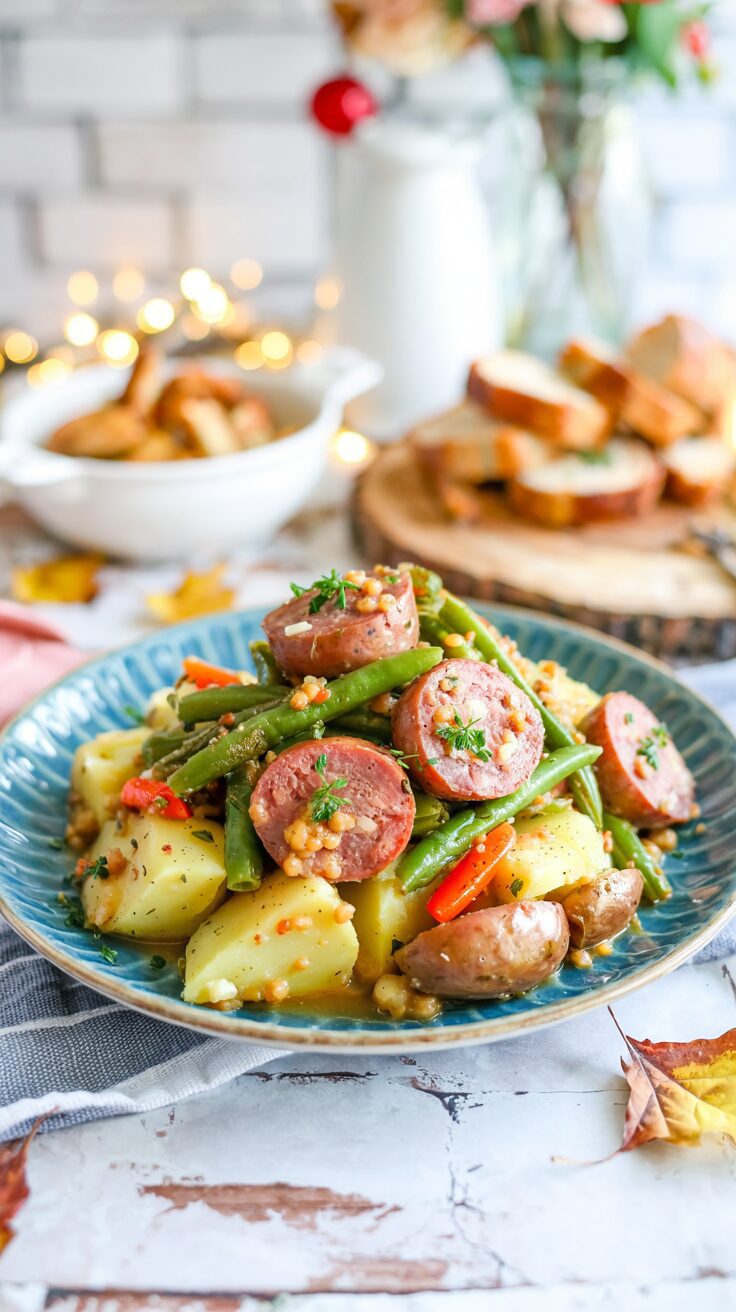 Crockpot Swamp Potatoes, a hearty dish, that combines swamp potatoes, green beans, and sausage in a convenient crockpot for a flavorful meal.
