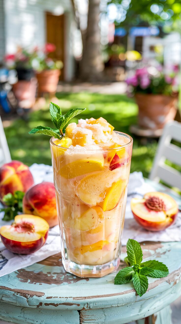 This Frozen Peach Lemonade Slushie is a delightful summer treat that combines the sweetness of peaches with the tanginess of lemonade.