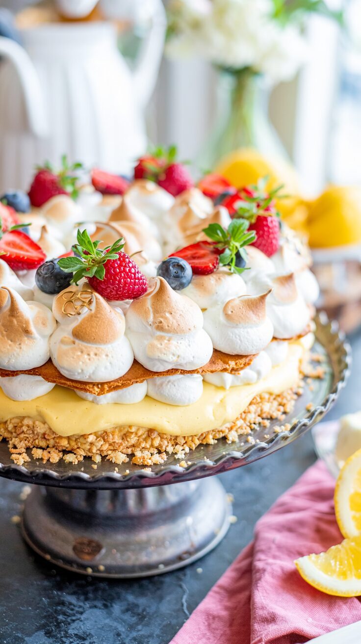 This Lemon Meringue Cake is a delightful dessert that combines the lightness of meringue with the tartness of lemon and fresh fruits.