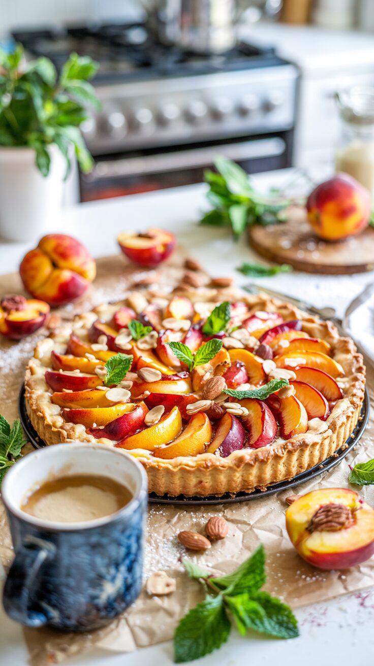 This delightful nectarine tart features a buttery crust filled with almond frangipane and topped with delicious sweet fresh nectarines.