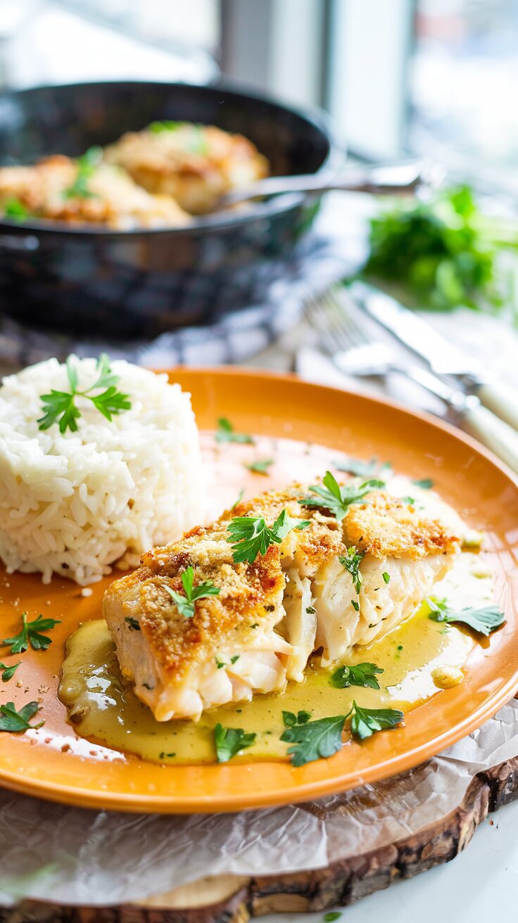 This parmesan crusted cod recipe features tender and delicious cod fillets coated in a crispy parmesan panko mixture, baked to perfection.