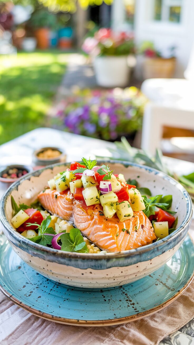 This Pineapple Salsa Salmon Bowl is a vibrant and refreshing dish that combines the rich flavors of salmon with a zesty pineapple salsa.