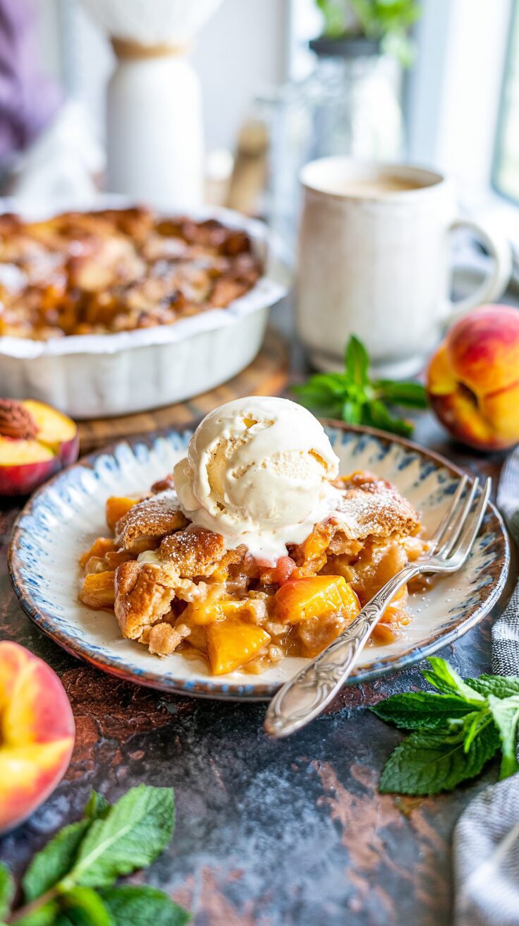 This Southern peach cobbler recipe with pie crust is a delightful summer dessert that showcases the sweetness of fresh delicious peaches.