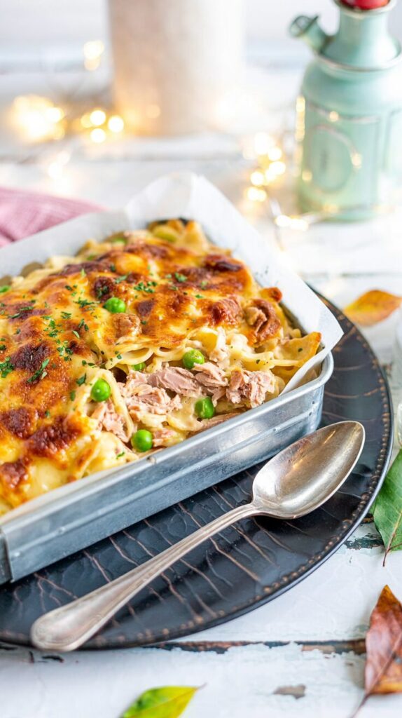This tuna casserole, also known as Tuna Bake, is a comforting and easy-to-make dish that combines canned tuna, pasta, and a creamy sauce.