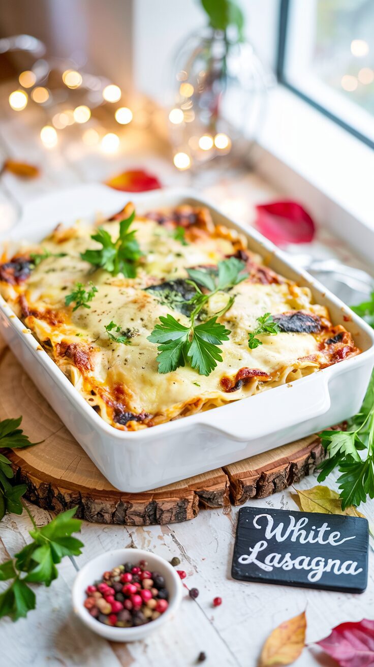 This creamy White Chicken Lasagna Recipe is a twist on the classic Italian dish, featuring layers of chicken, cheese, and Alfredo sauce.