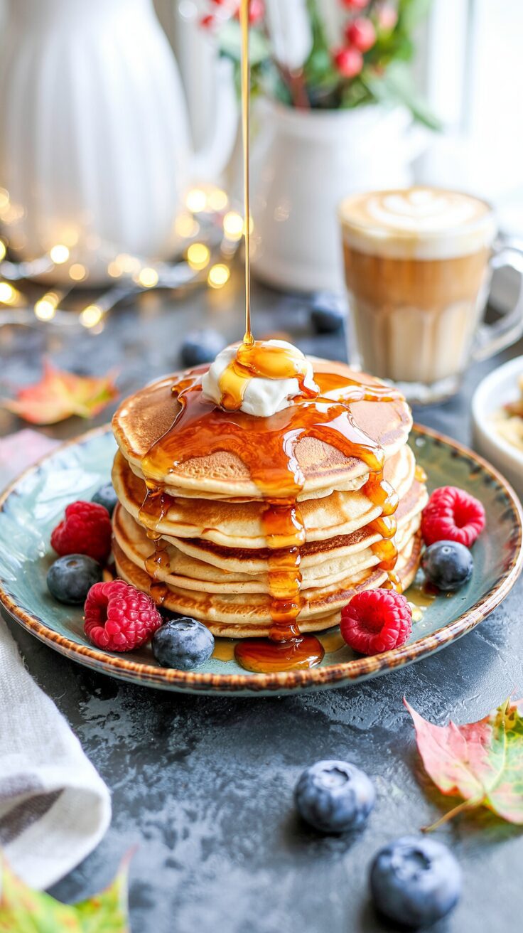 lazy day breakfast fluffy pancakes with maple syrup