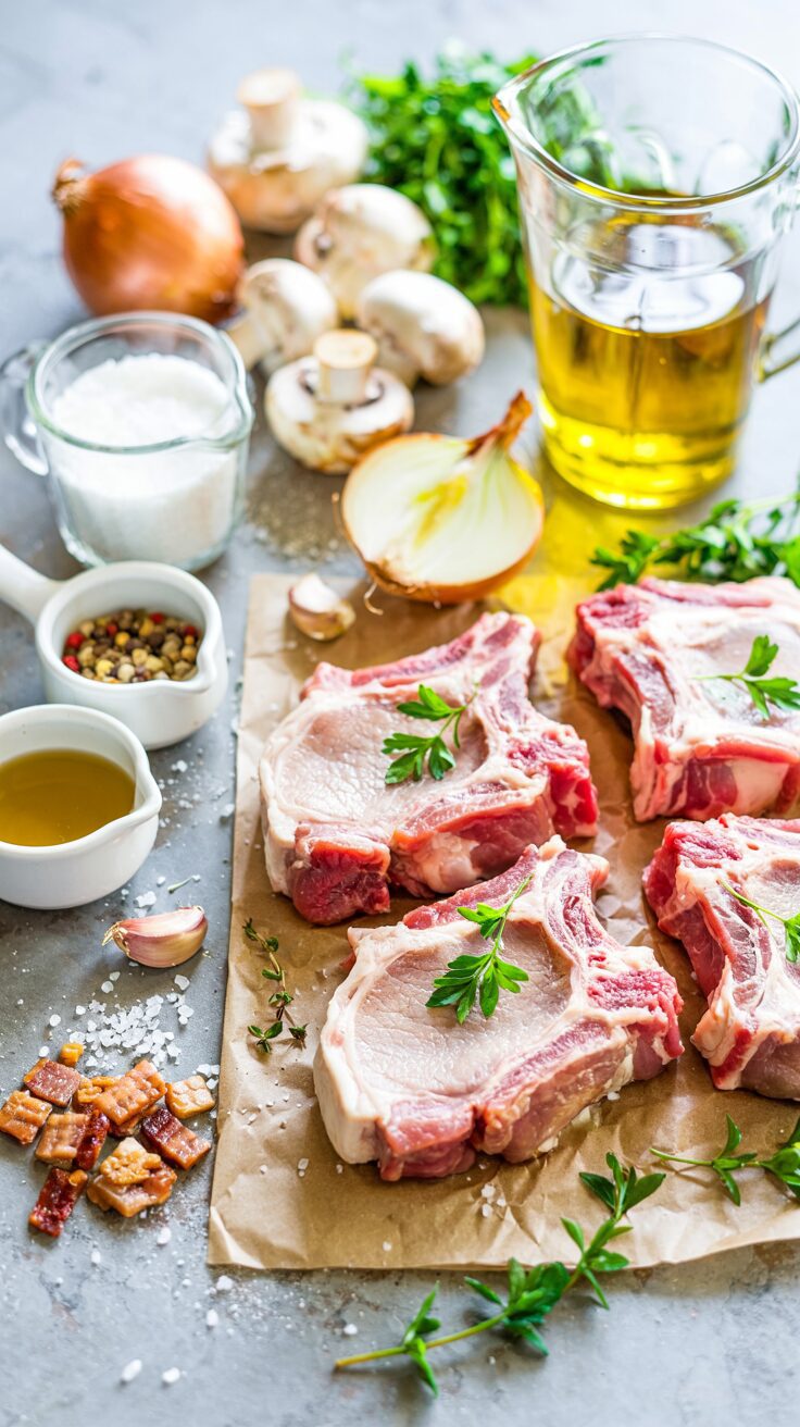 This garlic mushroom pork chops recipe features delicious juicy tender pork chops smothered in a rich and creamy mushroom sauce.