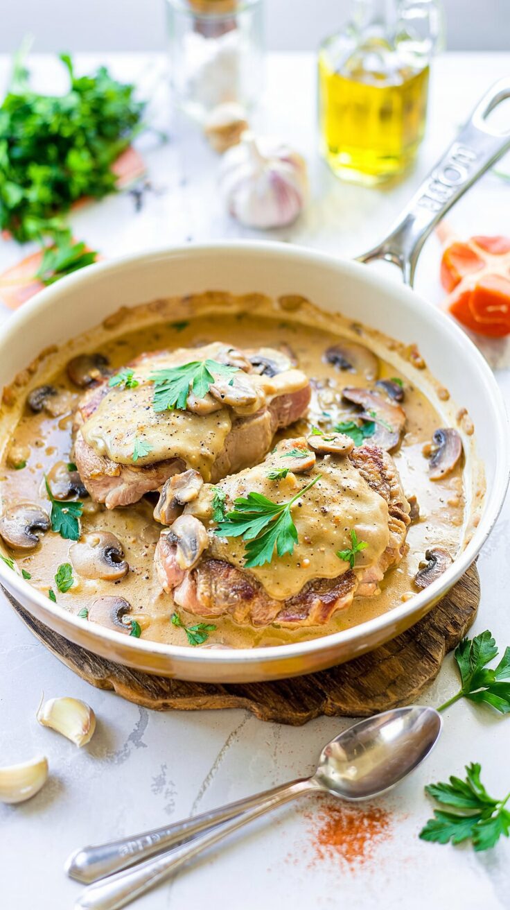 This garlic mushroom pork chops recipe features delicious juicy tender pork chops smothered in a rich and creamy mushroom sauce.