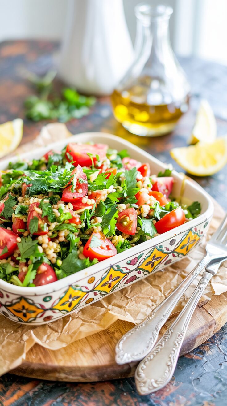 Lebanese Tabbouleh Salad is a refreshing, healthy and vibrant dish made primarily with parsley, tomatoes, and bulgur wheat.