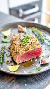 This sesame crusted tuna recipe features tender ahi tuna coated with a crunchy sesame seed crust, delivering a delightful texture and flavor.