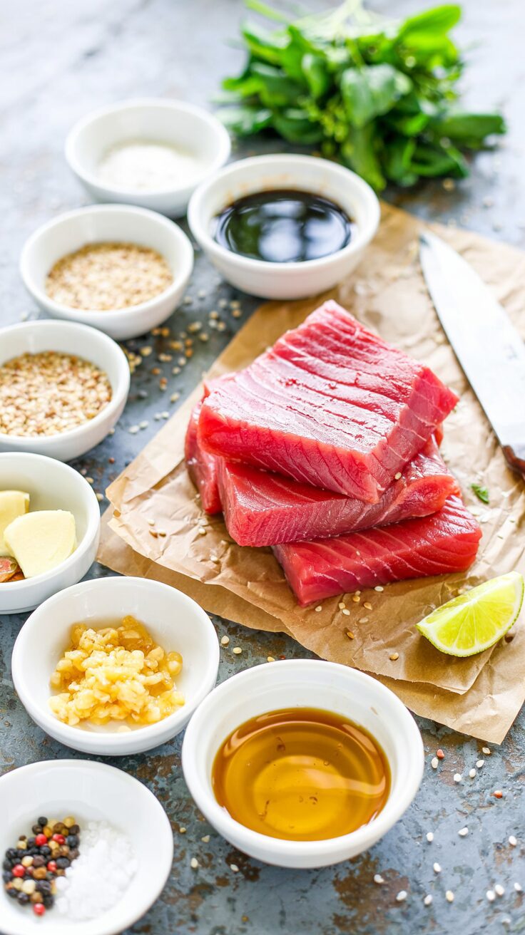 This sesame crusted tuna recipe features tender ahi tuna coated with a crunchy sesame seed crust, delivering a delightful texture and flavor.