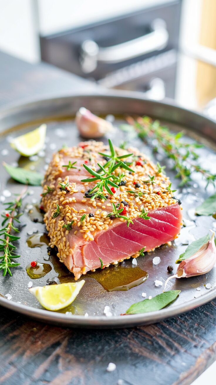 This sesame crusted tuna recipe features tender ahi tuna coated with a crunchy sesame seed crust, delivering a delightful texture and flavor.