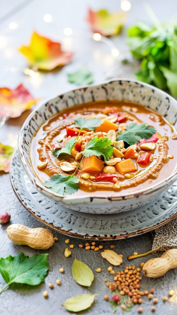 This West African Peanut Soup is a flavorful dish that combines the creaminess of peanut butter with a variety of spices and vegetables.
