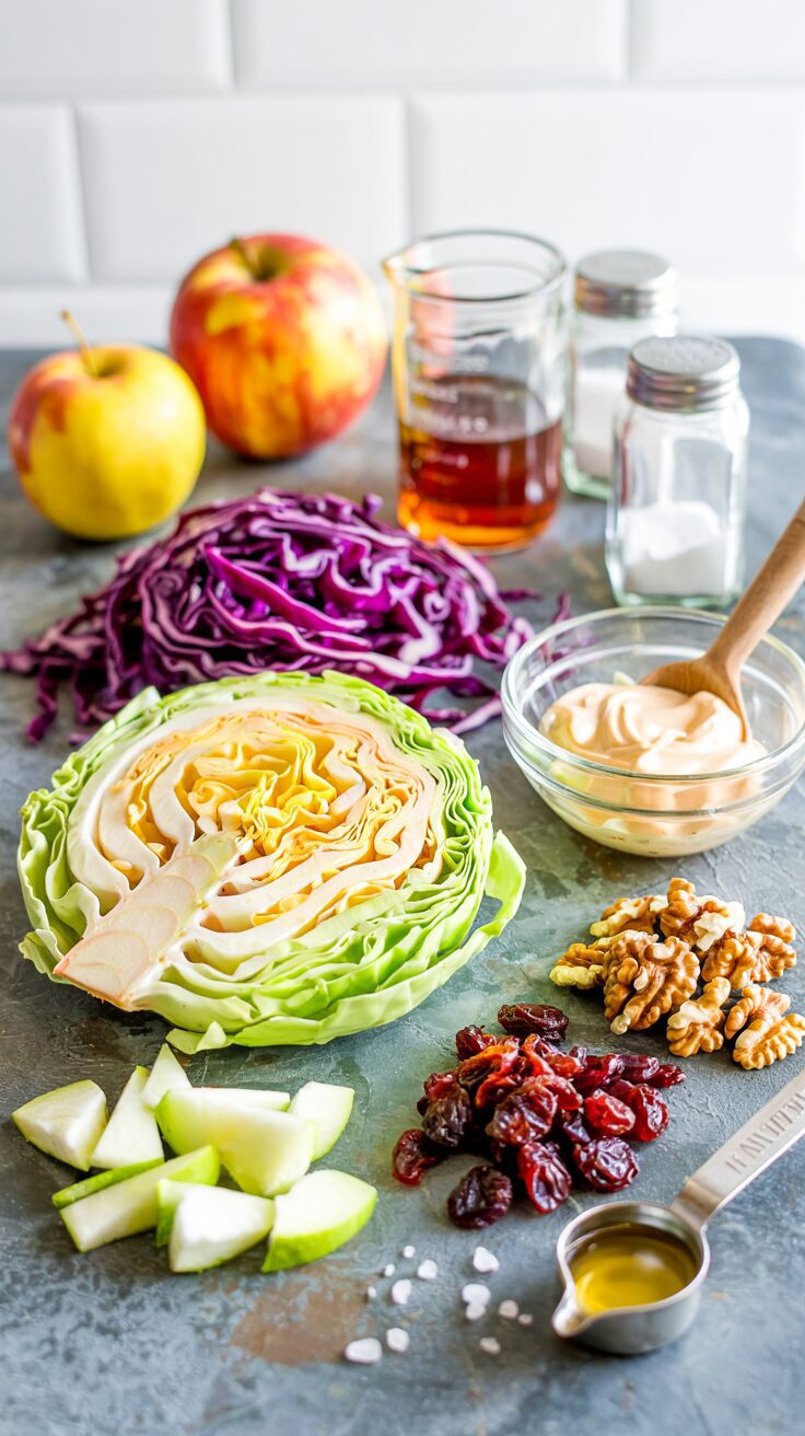 This refreshing apple cranberry coleslaw combines the crispness of cabbage with the sweetness of apples and tartness of cranberries.