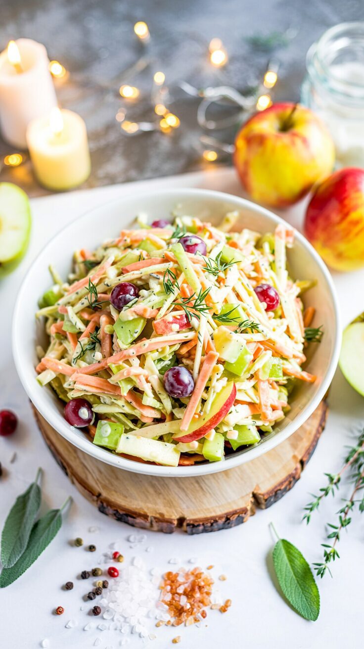 This refreshing apple cranberry coleslaw combines the crispness of cabbage with the sweetness of apples and tartness of cranberries.
