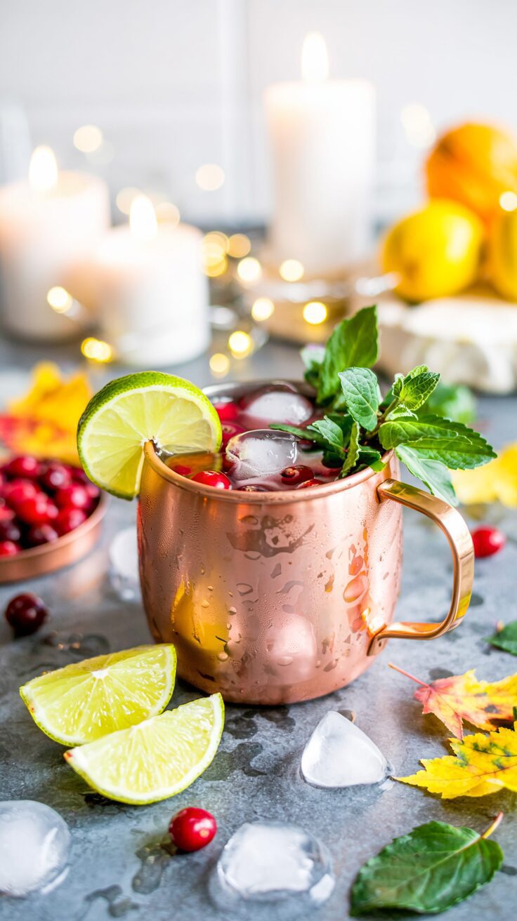 The Cranberry Moscow Mule is a festive twist on the classic cocktail, with refreshing flavors of ginger beer and tart cranberry juice.