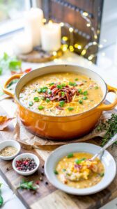 This loaded baked potato soup is a creamy, comforting dish that combines the flavors of a classic baked potato with the heartiness of a soup.