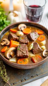 Beef Bourguignon is a traditional French dish that features tender beef braised in red wine, along with mushrooms, onions, and carrots.