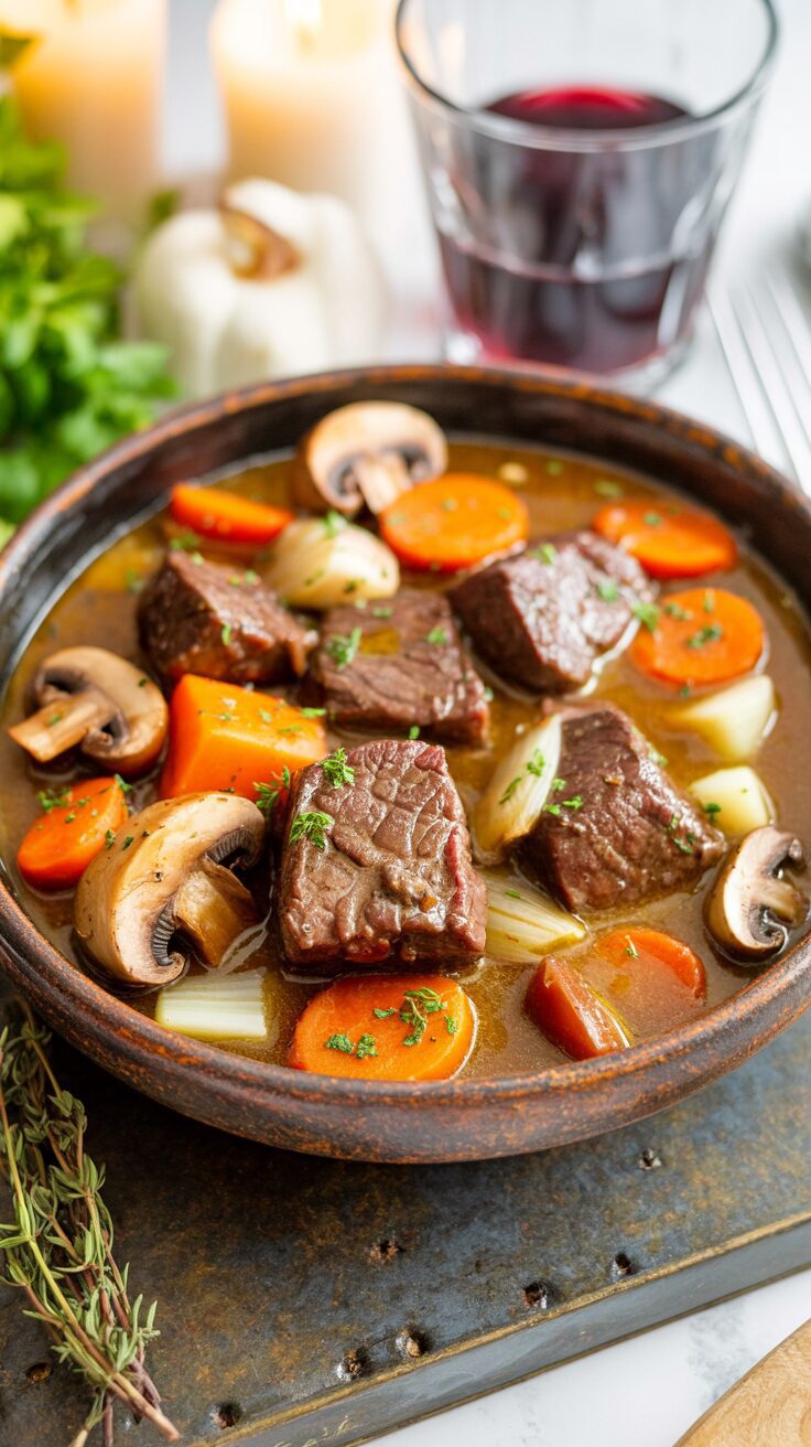 Beef Bourguignon is a traditional French dish that features tender beef braised in red wine, along with mushrooms, onions, and carrots.
