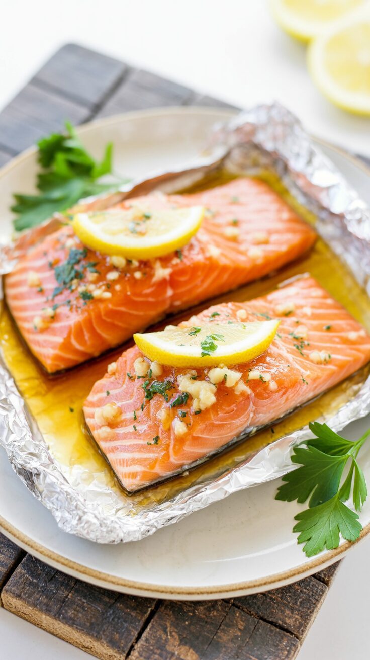 This easy oven baked salmon in foil recipe is a simple and delicious way to prepare fresh salmon fillets or one half of a whole salmon.