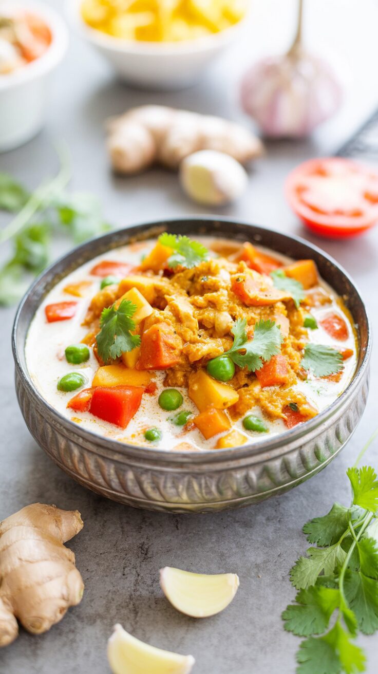 This traditional Indian vegetable curry is a flavorful and aromatic dish that showcases a variety of vegetables simmered in a creamy sauce.