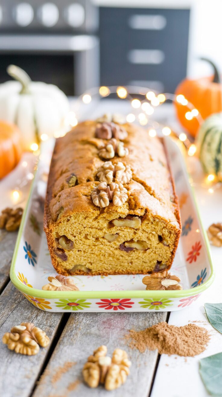 The moist pumpkin walnut bread is a delightful and delicious treat that combines the rich flavors of pumpkin and walnuts.