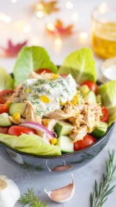 This Mediterranean tzatziki chicken salad is a flavorful dish that combines the creaminess of tzatziki sauce with tender chicken.