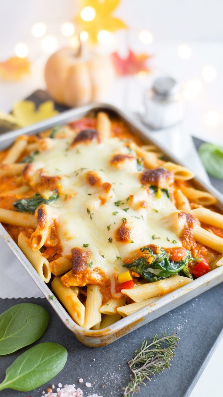 This pasta bake with pumpkin tomato sauce is a delightful and comforting dish that combines the richness of pumpkin sauce with tender pasta.