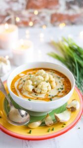 This roasted garlic cheddar cauliflower soup combines the rich flavors of roasted garlic and aged white cheddar cheese with tender cauliflower for a creamy, satisfying dish.