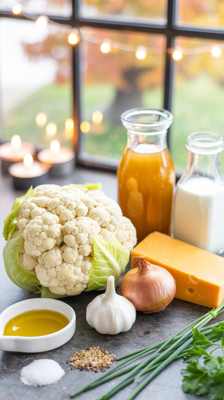 This roasted garlic cheddar cauliflower soup combines the rich flavors of roasted garlic and aged white cheddar cheese with tender cauliflower for a creamy, satisfying dish.