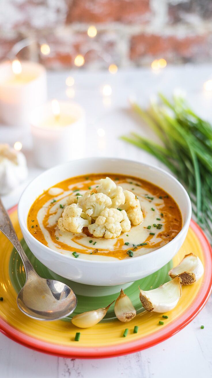 This roasted garlic cheddar cauliflower soup combines the rich flavors of roasted garlic and aged white cheddar cheese with tender cauliflower for a creamy, satisfying dish.