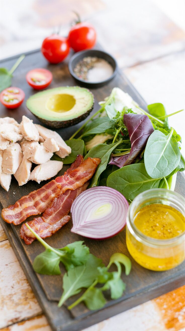 This avocado chicken bacon salad is a delicious and nutritious meal option that combines tender chicken, crispy bacon, and creamy avocado.