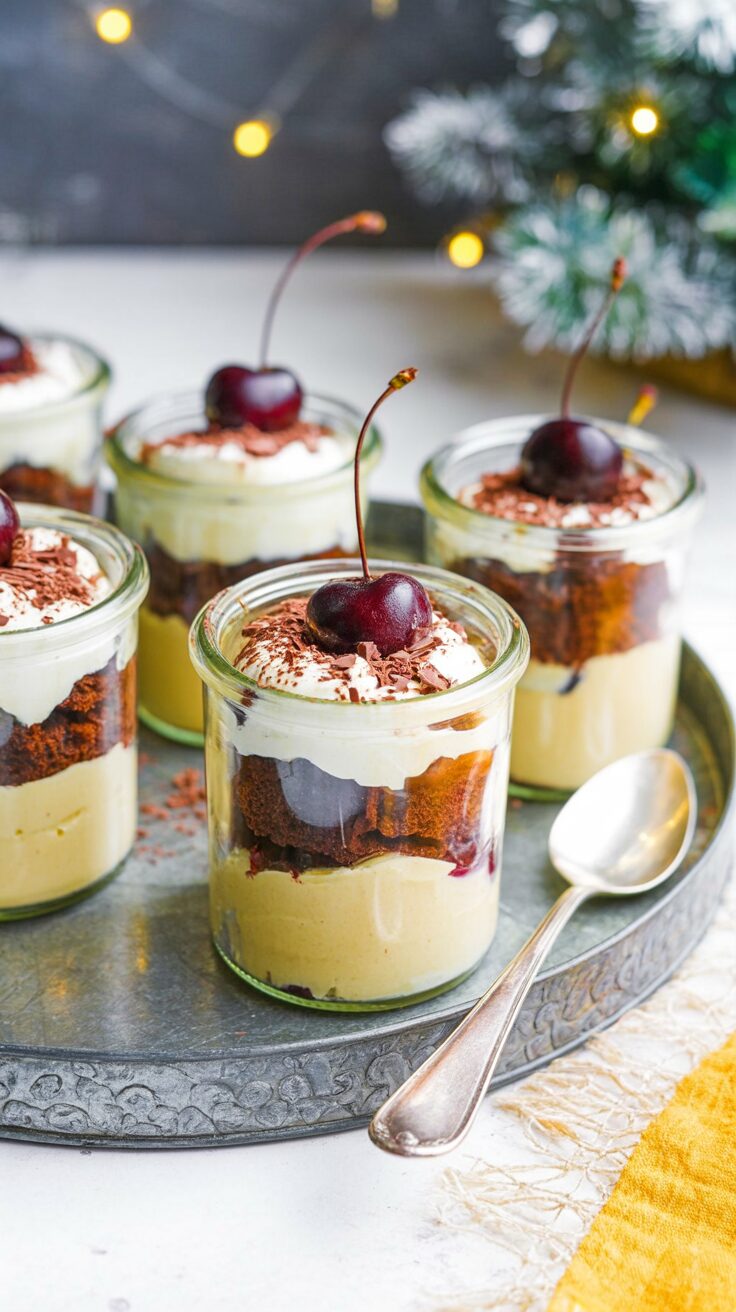 This Christmas Black Forest Trifle is a delightful dessert that combines layers of chocolate cake, rich cream, and cherries.