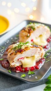 This cranberry brie stuffed chicken is a delightful dish that combines the rich creaminess of brie cheese with the tartness of cranberries.