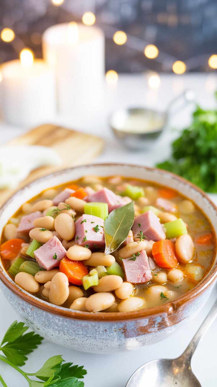 This Easy Ham and Bean Soup is a comforting and hearty dish that combines tender ham and delicious and nutritious navy beans.