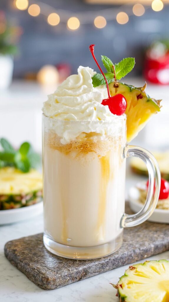 This hot pina colada is a suprising, delightful and delicious twist on the classic tropical cocktail, perfect for cozy winter evenings.