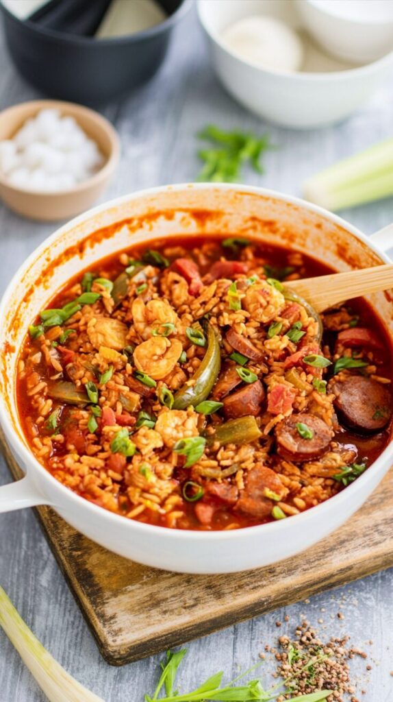 Try this Shrimp Chicken Sausage Jambalaya recipe for a flavorful, delicious and colorful one-pot meal perfect for any gathering.
