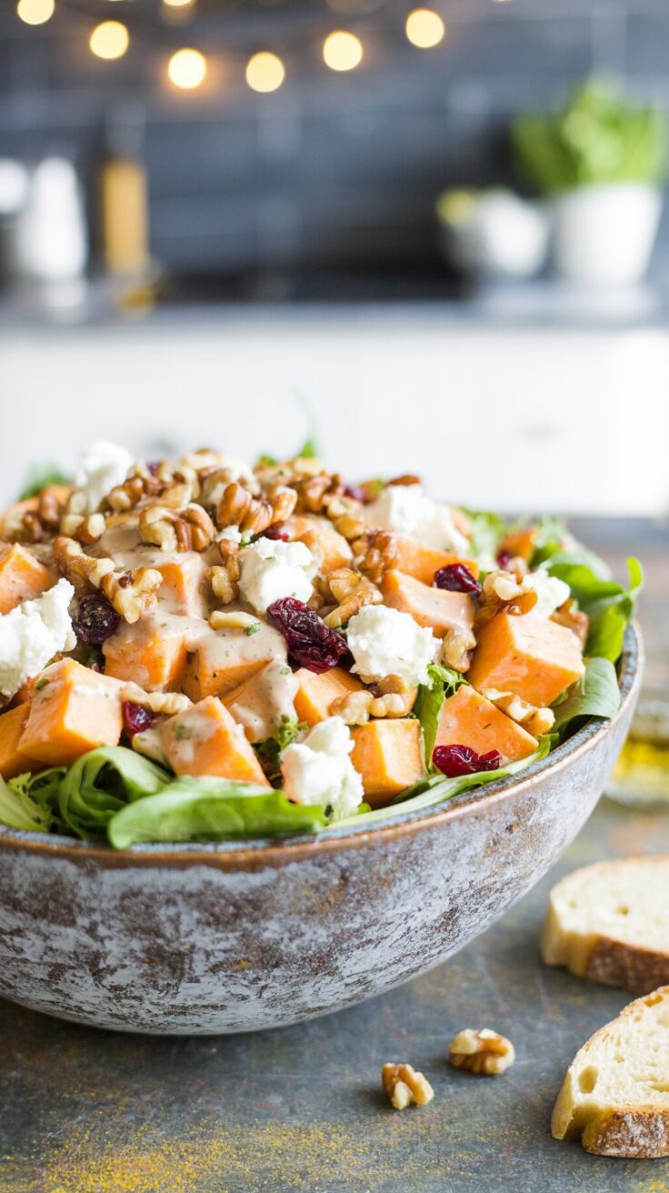 This vibrant sweet potato goat cheese salad combines roasted sweet potatoes with creamy goat cheese for a delightful flavor contrast.