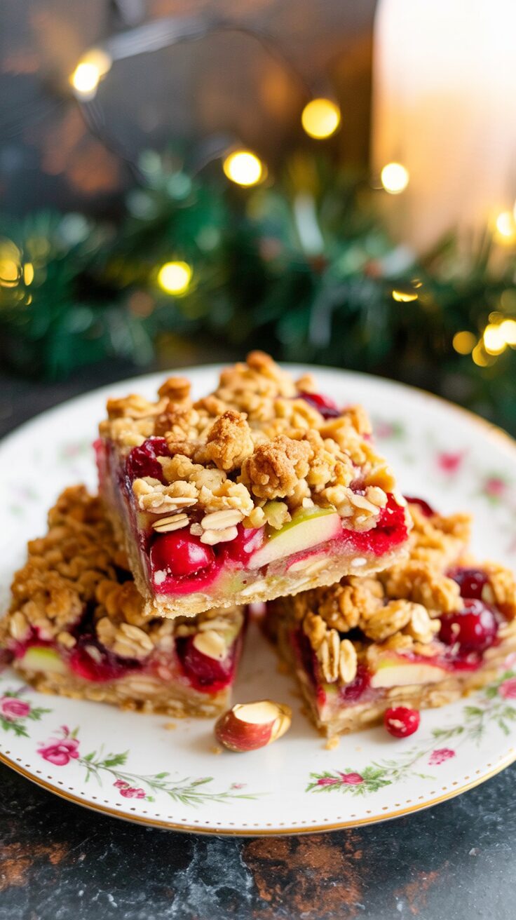 These cranberry crumble bars are a delightful treat that combines the tartness of cranberries with a buttery oatmeal crumble.