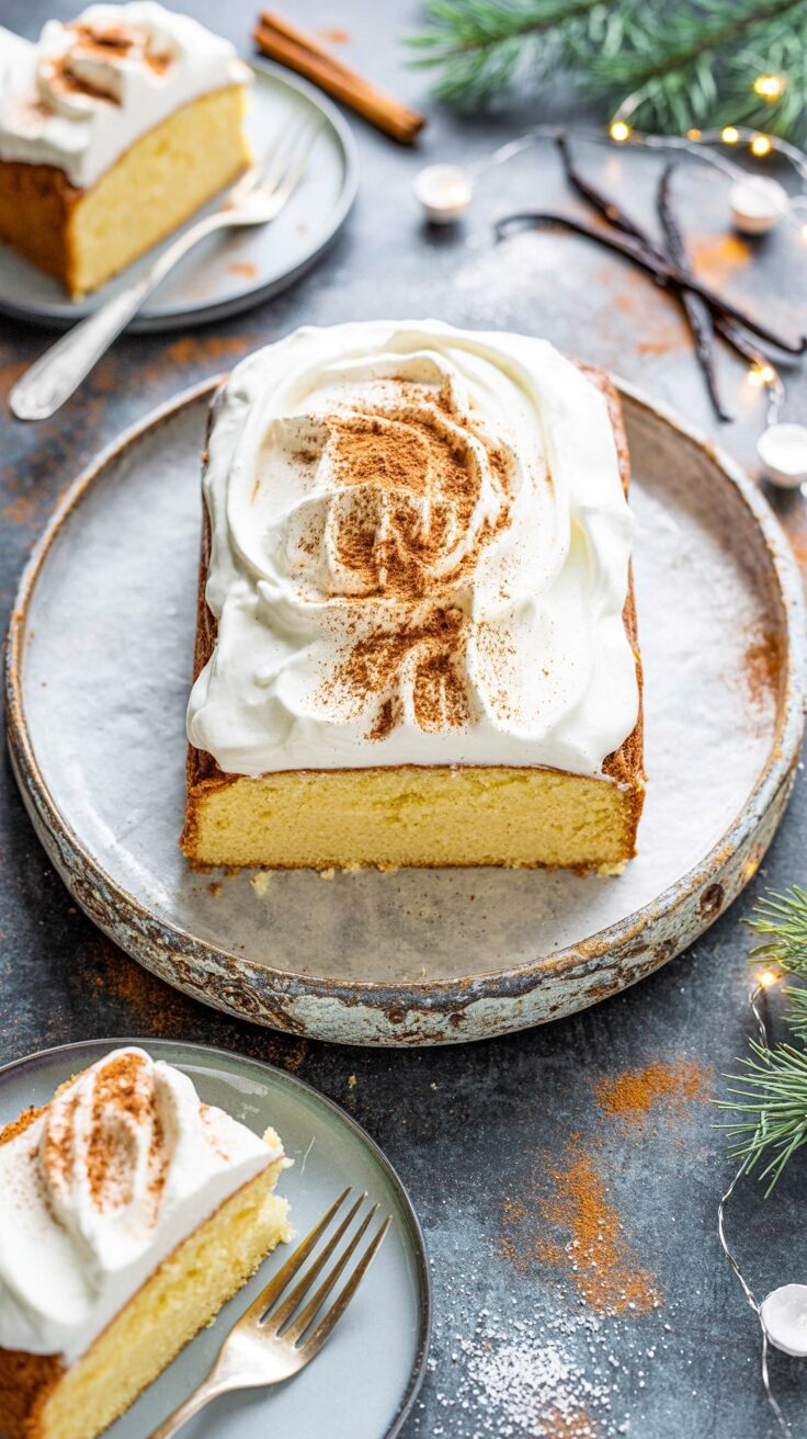 This Eggnog Tres Leches Cake combines the traditional flavors of tres leches cake with the festive and delicious taste of eggnog.