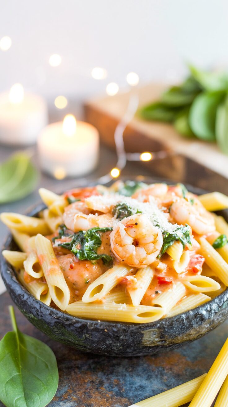This shrimp with vodka sauce recipe combines succulent shrimp with a delicious and creamy tomato vodka sauce, served over penne pasta.
