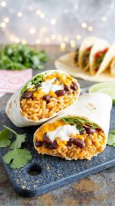 This cheesy rice and bean burrito is a satisfying and flavorful dish that combines rice, beans, and cheese wrapped in a soft tortilla.