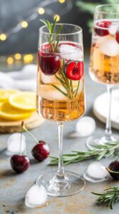 This Cherry Rosemary Spark Cocktail combines the flavors of fresh cherries and aromatic rosemary with the effervescence of champagne.