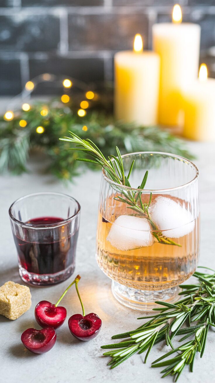This Cherry Rosemary Spark Cocktail combines the flavors of fresh cherries and aromatic rosemary with the effervescence of champagne.