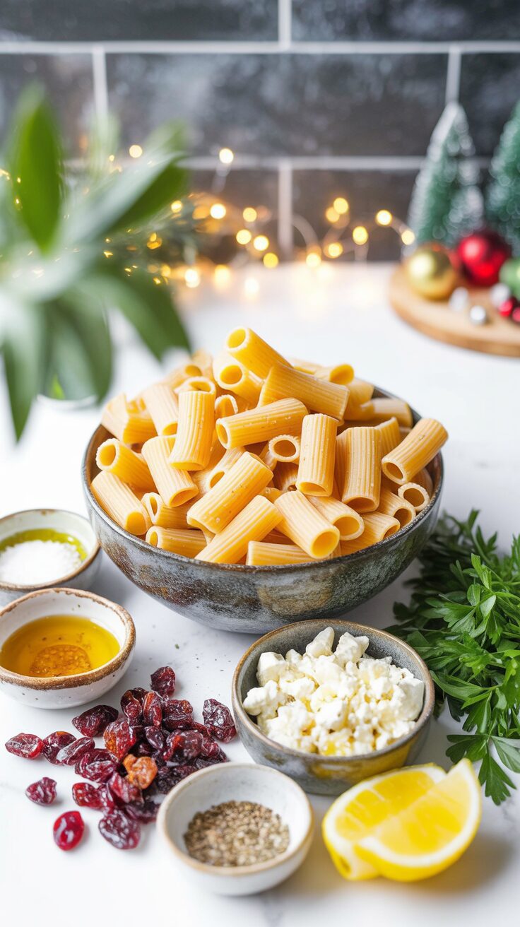 This refreshing feta and cranberry rigatoni salad with lemon vinaigrette is a perfect dish for warm weather or as a side for gatherings.