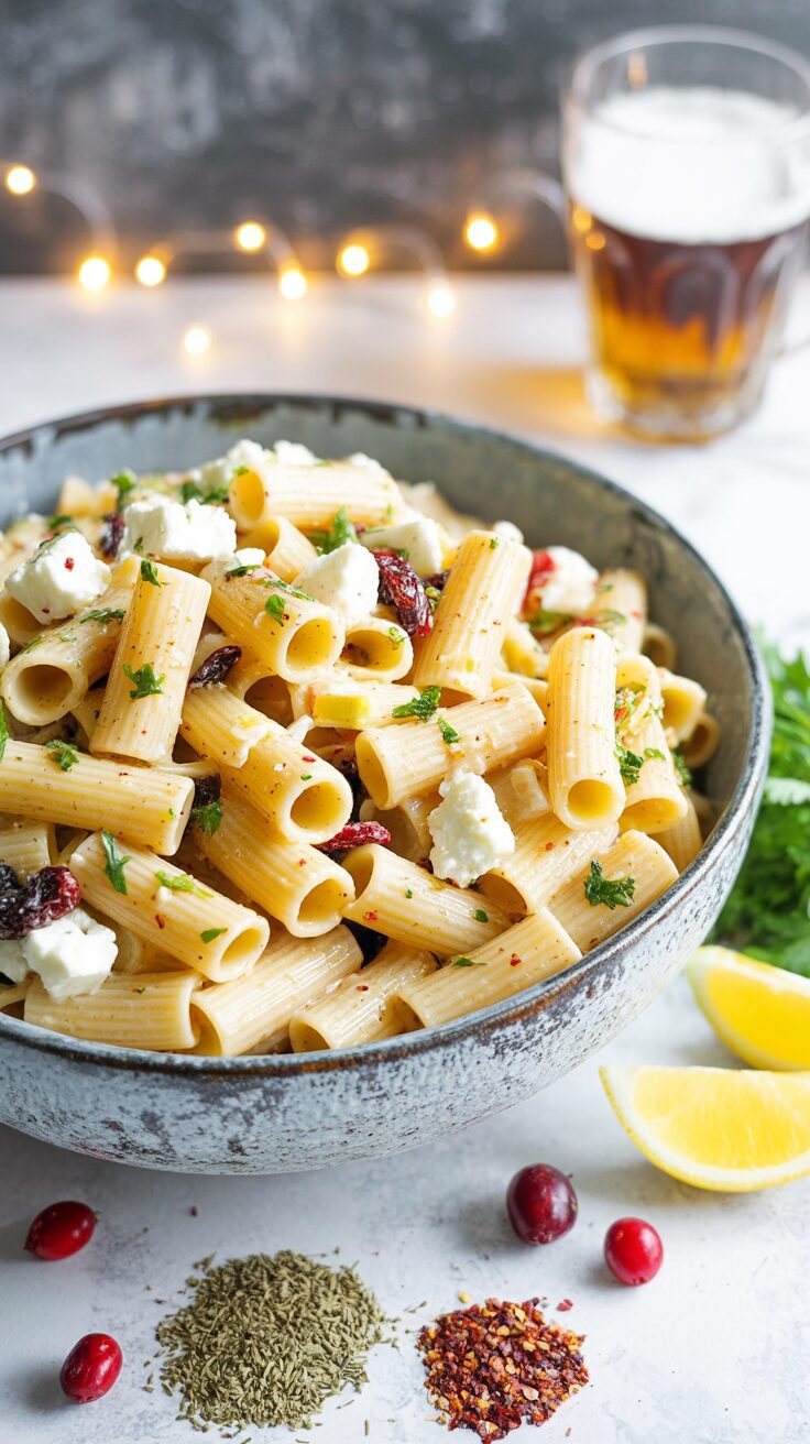This refreshing feta and cranberry rigatoni salad with lemon vinaigrette is a perfect dish for warm weather or as a side for gatherings.