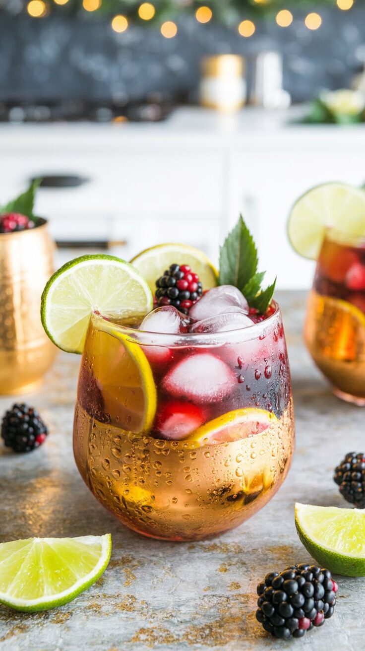 The frosted blackberry mule is a cocktail that combines the tartness of blackberries with the zing of ginger beer and the warmth of bourbon.